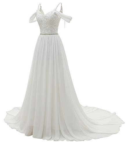 FANWEI - Vestido de gasa para mujer, vestido de novia y espaguetis, una línea de cuentas, apliques sin espalda, vestidos de noche largos