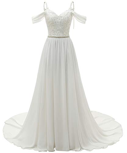 FANWEI - Vestido de gasa para mujer, vestido de novia y espaguetis, una línea de cuentas, apliques sin espalda, vestidos de noche largos