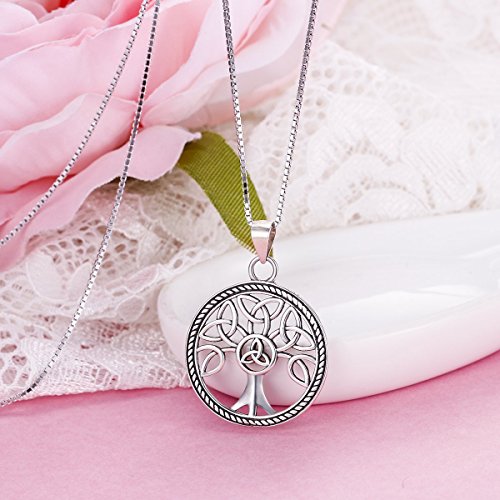 FANZE - Collar con colgante redondo de plata de ley 925 con diseño de árbol de la vida, diseño de nudo celta, 50,8 cm