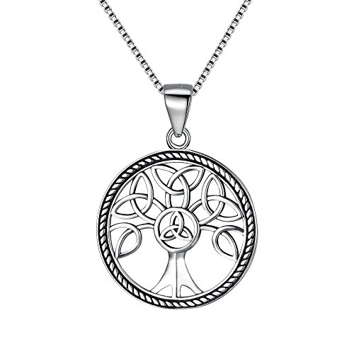 FANZE - Collar con colgante redondo de plata de ley 925 con diseño de árbol de la vida, diseño de nudo celta, 50,8 cm