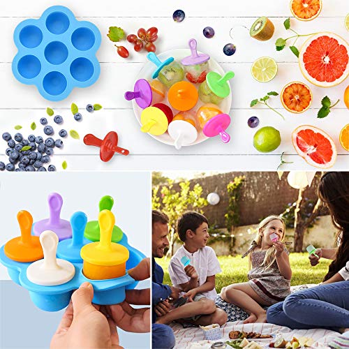 FAVENGO Moldes de Silicon para Helados de Paletas (7 Cavidades) Moldes Paletas Mini Colores Moldes Helados Bebe Silicona Moldes para Helados Palito Ideal Helados Caseros + 9 x Palos + 9 x Tapas