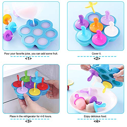 FAVENGO Moldes de Silicon para Helados de Paletas (7 Cavidades) Moldes Paletas Mini Colores Moldes Helados Bebe Silicona Moldes para Helados Palito Ideal Helados Caseros + 9 x Palos + 9 x Tapas