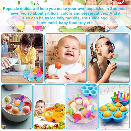 FAVENGO Moldes de Silicon para Helados de Paletas (7 Cavidades) Moldes Paletas Mini Colores Moldes Helados Bebe Silicona Moldes para Helados Palito Ideal Helados Caseros + 9 x Palos + 9 x Tapas