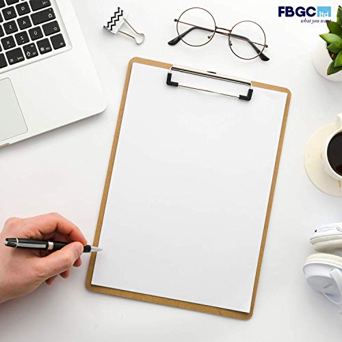 FBGC Portapapeles A4 de Masonite Calidad Profesional - Pack de 6 - Pinza Metálica Resistente y Gancho para Colgar - Tablero de madera duradero perfecto para oficina - Eco-Friendly - Acabado Satinado