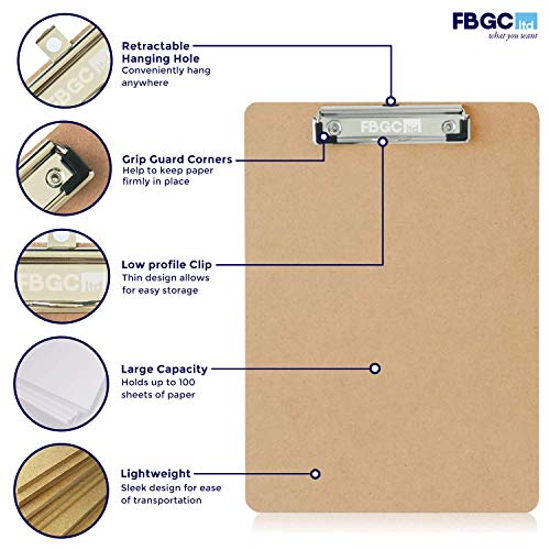 FBGC Portapapeles A4 de Masonite Calidad Profesional - Pack de 6 - Pinza Metálica Resistente y Gancho para Colgar - Tablero de madera duradero perfecto para oficina - Eco-Friendly - Acabado Satinado