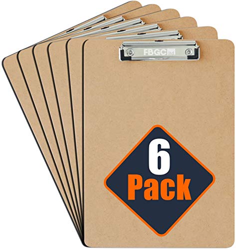 FBGC Portapapeles A4 de Masonite Calidad Profesional - Pack de 6 - Pinza Metálica Resistente y Gancho para Colgar - Tablero de madera duradero perfecto para oficina - Eco-Friendly - Acabado Satinado