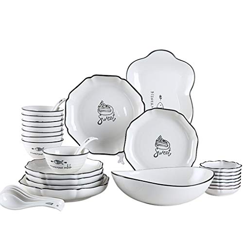 FDPVJSS Juego de Cena Combi-Set, tazones de Porcelana, Plato, cucharas, Traje de 32 Piezas, para hornos de microondas, lavavajillas