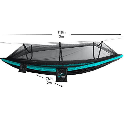 FE Active Hamaca para Acampar al Aire Libre - Hamaca Doble o Individual con Mosquitera Hamaca Colgante para Arbol, Hamaca de viaje, Hamacas de Jardín, Kit de Supervivencia | Diseñado en California