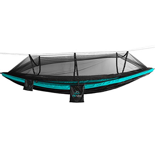 FE Active Hamaca para Acampar al Aire Libre - Hamaca Doble o Individual con Mosquitera Hamaca Colgante para Arbol, Hamaca de viaje, Hamacas de Jardín, Kit de Supervivencia | Diseñado en California