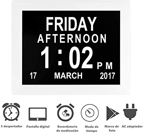 Febelle Marco Reloj Digital Calendario para Fotos Vídeos música para Ancianos y Pacientes 8 Opciones de Alarmas y Recordatorios de Medicamentos (Blanco)