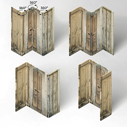 Feeby Frames Biombo impreso sobre lona, tabique decorativo para habitaciones, a doble cara, de 3 piezas, 360° (110x150 cm), PUERTA, EDIFICIO, RÚSTICO, MARRÓN