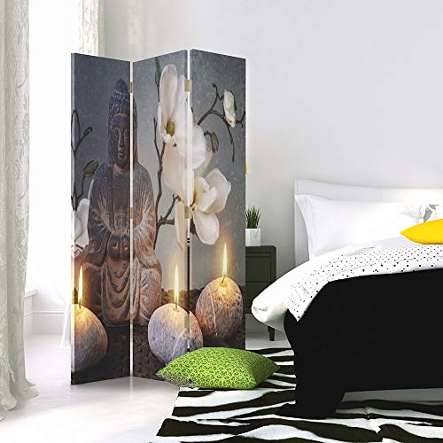 Feeby Frames Biombo Impreso sobre Lona, tabique Decorativo para Habitaciones, a una Cara, de 3 Piezas (110x150 cm), Buda, Cultura, Velas, Flores, Zen