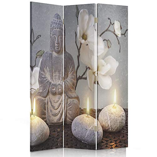 Feeby Frames Biombo Impreso sobre Lona, tabique Decorativo para Habitaciones, a una Cara, de 3 Piezas (110x150 cm), Buda, Cultura, Velas, Flores, Zen