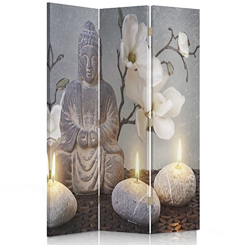 Feeby Frames Biombo Impreso sobre Lona, tabique Decorativo para Habitaciones, a una Cara, de 3 Piezas (110x150 cm), Buda, Cultura, Velas, Flores, Zen