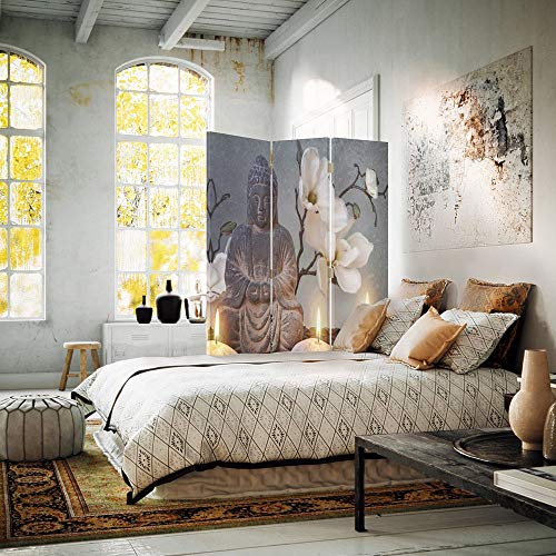 Feeby Frames Biombo Impreso sobre Lona, tabique Decorativo para Habitaciones, a una Cara, de 3 Piezas (110x150 cm), Buda, Cultura, Velas, Flores, Zen