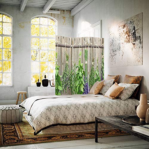 Feeby Frames Biombo Impreso sobre Lona, tabique Decorativo para Habitaciones, a una Cara, de 3 Piezas (110x150 cm), Plantas AROMÁTICAS, Verde, Gris
