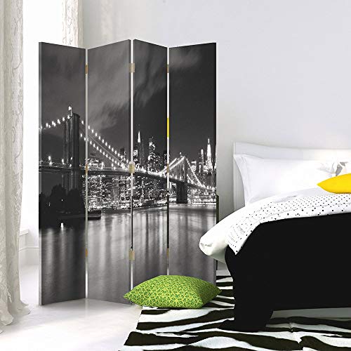 Feeby Frames Biombo Impreso sobre Lona, tabique Decorativo para Habitaciones, a una Cara, de 4 Piezas (145x150 cm), Manhattan, Brooklyn Bridge, Blanco Y Negro