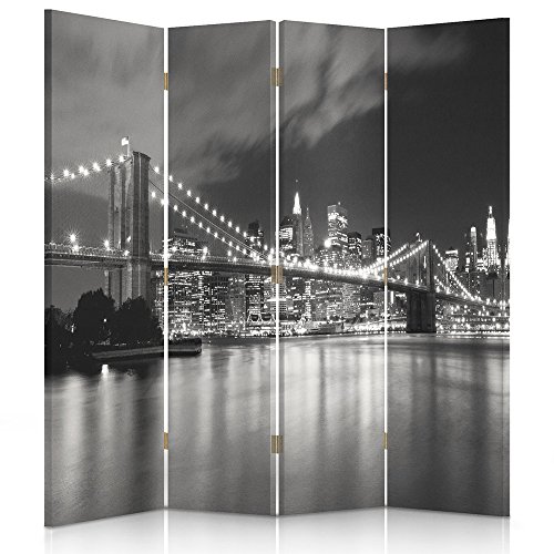 Feeby Frames Biombo Impreso sobre Lona, tabique Decorativo para Habitaciones, a una Cara, de 4 Piezas (145x150 cm), Manhattan, Brooklyn Bridge, Blanco Y Negro