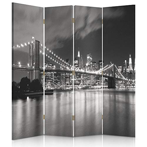 Feeby Frames Biombo Impreso sobre Lona, tabique Decorativo para Habitaciones, a una Cara, de 4 Piezas (145x150 cm), Manhattan, Brooklyn Bridge, Blanco Y Negro