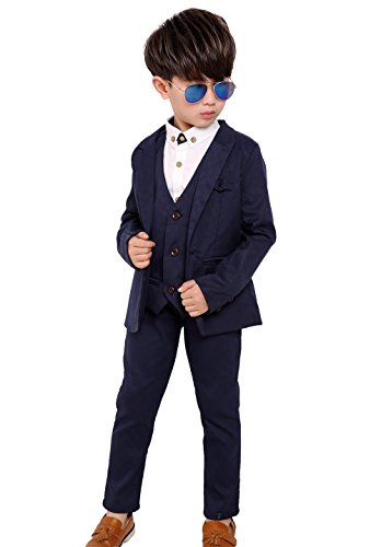 Fengchengjize Traje Niño Ceremonia Conjunto de 3 Chaleco Chaqueta Pantalones para Bautizo Boda Azul Marino 4-5 Años
