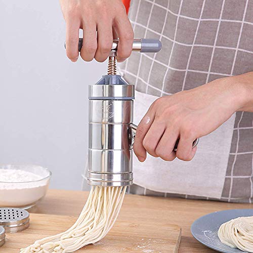FengJ Acero Inoxidable de Fideos Cafetera, Profesional Fresca Pasta de Espaguetis tallarines Maker con 5 Corte Press Las Cuchillas