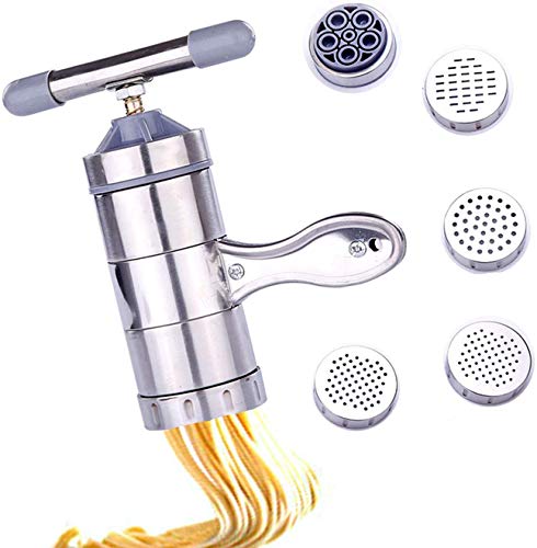 FengJ Acero Inoxidable de Fideos Cafetera, Profesional Fresca Pasta de Espaguetis tallarines Maker con 5 Corte Press Las Cuchillas