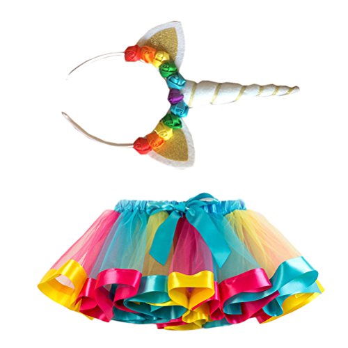 FENICAL Disfraz de Unicornio para Niñas Diadema Unicornio Floral con Oreja y Falda Tutú de Arco Iris Disfraz para Fiesta Azul Cielo Tamaño M