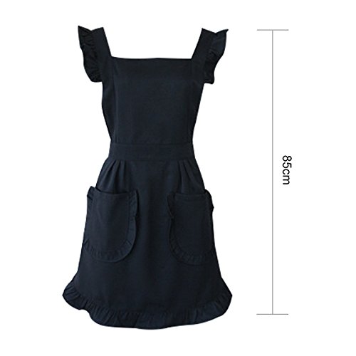Feoya Delantal Apron de Mujeres con 2 Bolsillos Mandil para Cocina Cocinero Camarero Restaurante, Color Negro