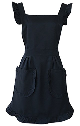 Feoya Delantal Apron de Mujeres con 2 Bolsillos Mandil para Cocina Cocinero Camarero Restaurante, Color Negro