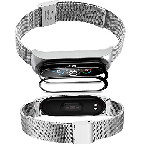 Ferilinso Correas Metal para Xiaomi Mi Band 5 + 2 Piezas Protector Pantalla, Pulsera Pulseras de Actividad Reloj Wristband Repuesto Bandas de Acero Inoxidable Agradable con Cierre-Plata