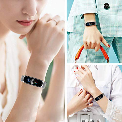 Ferilinso Correas Metal para Xiaomi Mi Band 5 + 2 Piezas Protector Pantalla, Pulsera Pulseras de Actividad Reloj Wristband Repuesto Bandas de Acero Inoxidable Agradable con Cierre-Plata