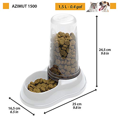 Ferplast Dispensador de Comida o Agua para Perros y Gatos AZIMUT 1500, 1,5 L, croquetas, Comida Seca o Agua, Plástico, Depósito Transparente, Base Antideslizante, 16,5 x 25 x h 24,5 cm Blanco