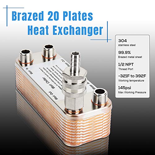 Ferroday - Enfriador de 20 placas de acero inoxidable soldado intercambiador de calor 3/4 NPT rosca placa enfriador (7,5 x 5 cm)