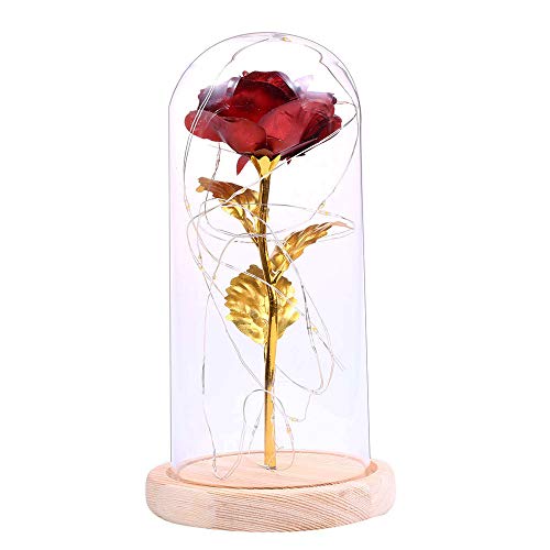 Fesjoy Flor de Rosa Preservada Rosa de Seda y Luz LED con Cúpula de Cristal Base de Madera Marrón Cubierta para Decoración Boda Fiesta Cumpleaños Aniversario San Valentín Día de la Mad