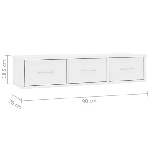 Festnight Estante de Cajones Pared Aglomerado Blanco con Brillo 90X26X18,5 Cm con 3 Cajones, Estante de Pared Estante Flotante Armario Suspendido para Pasillo Salón