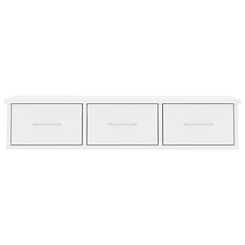 Festnight Estante de Cajones Pared Aglomerado Blanco con Brillo 90X26X18,5 Cm con 3 Cajones, Estante de Pared Estante Flotante Armario Suspendido para Pasillo Salón