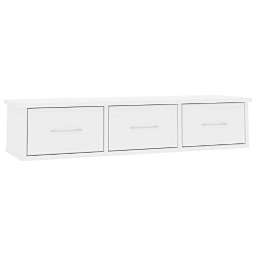 Festnight Estante de Cajones Pared Aglomerado Blanco con Brillo 90X26X18,5 Cm con 3 Cajones, Estante de Pared Estante Flotante Armario Suspendido para Pasillo Salón