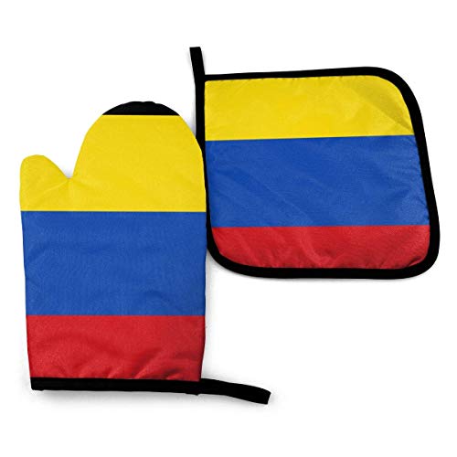 FHTDH Suministros de Cocina, Guantes de Horno y Juegos de ollas Colombia Flag Heat Resistant Oven Mitts and Pot Holders Sets Cooking Gloves Baking Gloves for BBQ Cooking Baking Grilling