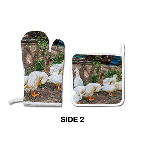 FHTDH Suministros de cocina, guantes de horno y juegos de ollas White Duck Goose Oven Mitts Potholder Set for Kitchen Heat Resistant Non-Slip Heat Insulation Gloves Pot Holders Cooking Baking Grilling