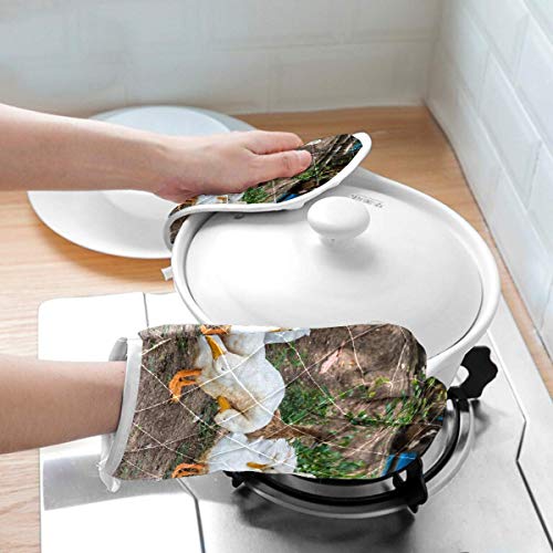 FHTDH Suministros de cocina, guantes de horno y juegos de ollas White Duck Goose Oven Mitts Potholder Set for Kitchen Heat Resistant Non-Slip Heat Insulation Gloves Pot Holders Cooking Baking Grilling