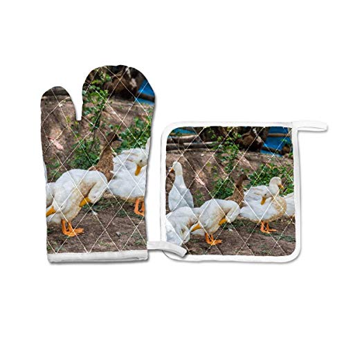 FHTDH Suministros de cocina, guantes de horno y juegos de ollas White Duck Goose Oven Mitts Potholder Set for Kitchen Heat Resistant Non-Slip Heat Insulation Gloves Pot Holders Cooking Baking Grilling