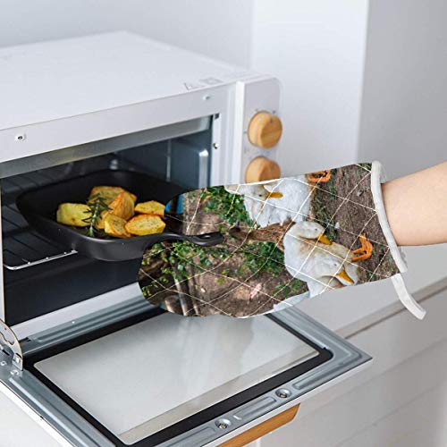 FHTDH Suministros de cocina, guantes de horno y juegos de ollas White Duck Goose Oven Mitts Potholder Set for Kitchen Heat Resistant Non-Slip Heat Insulation Gloves Pot Holders Cooking Baking Grilling