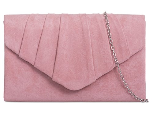Fi9® - Bolso de mano de ante, plisado, liso, ideal para bodas, fiestas de graduación o de noche, color Rosa, talla M