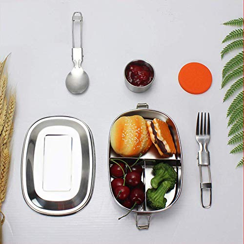 Fiambrera, Acero Inoxidable Fiambrera, Contenedores de Alimentos, Apta para lavavajillas Bento de Comida Caja de Almuerzo para con Tres Compartimentos (Acero inoxidable 304)