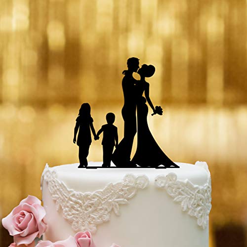 Figura para decoración de tarta de bodas, cristal acrílico negro, tamaño XL, para decoración de tartas, diseño de pareja de novios con niños y Mr and Mr