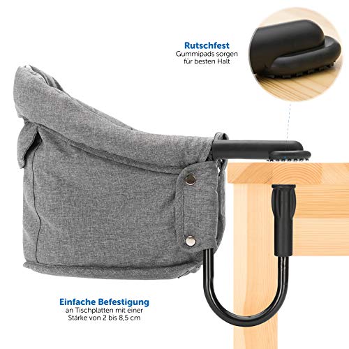 Fillikid - Asiento de Mesa para bebé/Trona plegable portátil con enganches antideslizantes y bolsa de transporte -Apta para mesas anchas - Gris