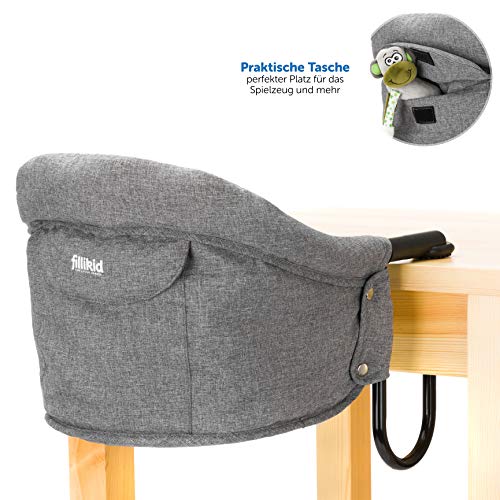 Fillikid - Asiento de Mesa para bebé/Trona plegable portátil con enganches antideslizantes y bolsa de transporte -Apta para mesas anchas - Gris