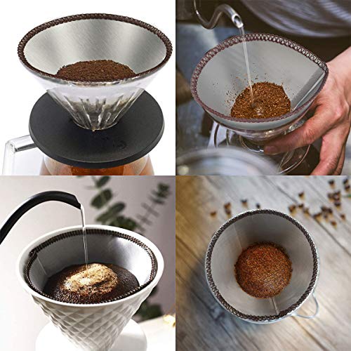 Filtro de café reutilizable, de acero inoxidable, con forma de cono de goteo sin papel, de 2 a 6 tazas para tazas, tazas, jarras, soportes de filtro (2 a 6 tazas)