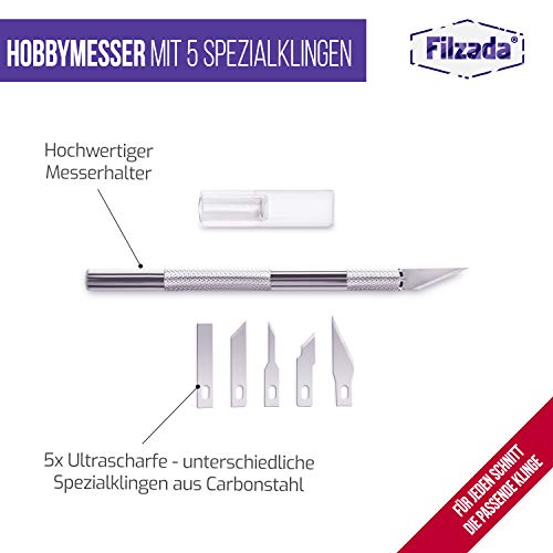 Filzada ® bisturí con 5 hojas de repuesto (diferentes formas) - Cuchillo artesanal Con una precisión ideal - Plata