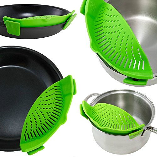 FineGood Colador de Silicona Snap con 2 embudos Plegables, Colgante a Prueba de Calor con Clip de Manos Libres Tazón de la Olla Pan - Verde